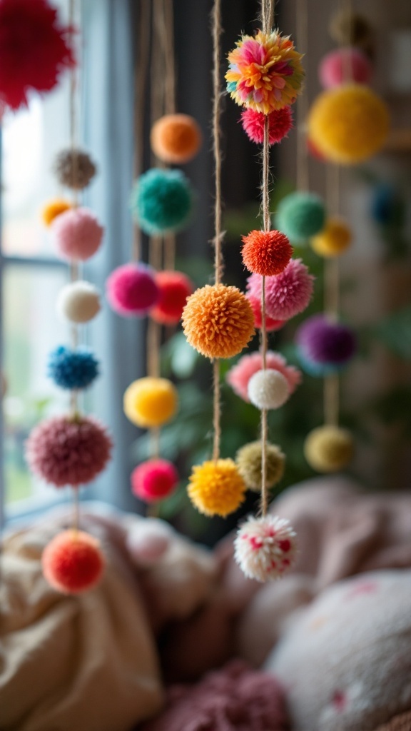 Colorful pom-poms hanging in a garland