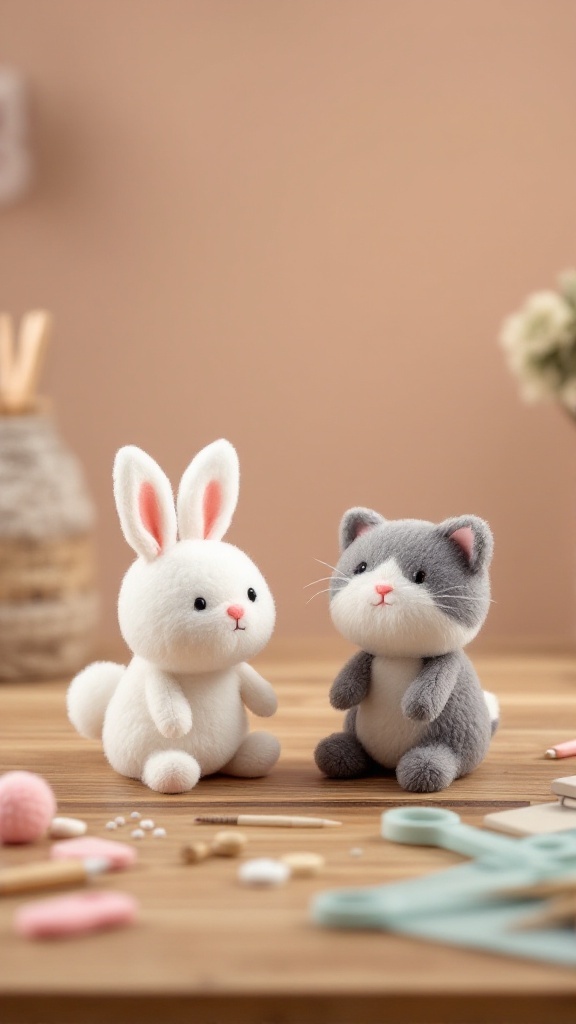 Pom-pom animal figures: a fluffy white bunny and a gray cat sitting on a wooden table.