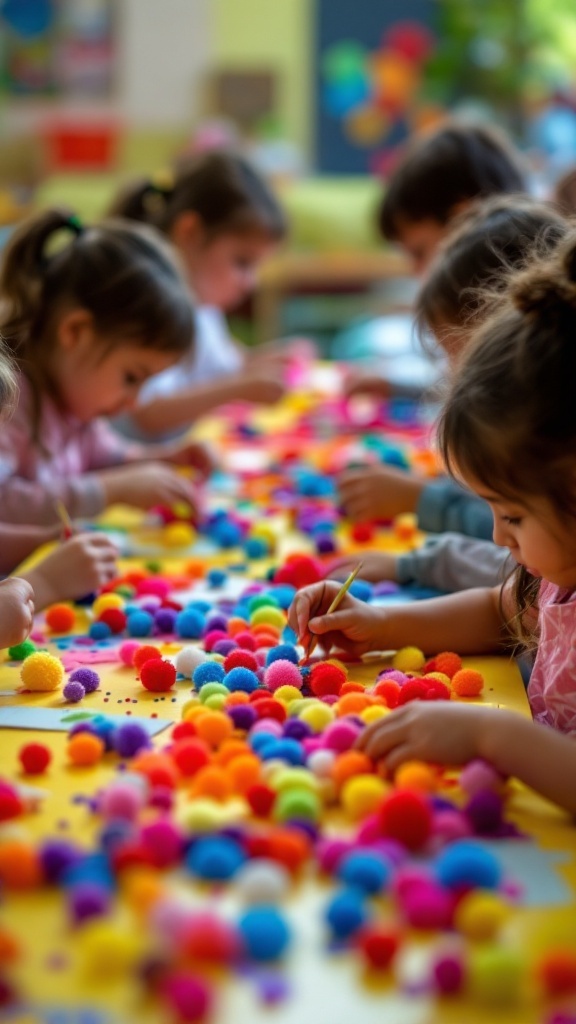 Kids working on pom-pom art projects at a colorful table filled with pom-poms.