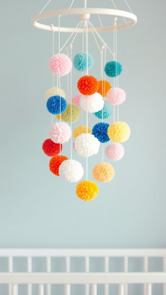 A colorful pom-pom baby mobile hanging in a nursery