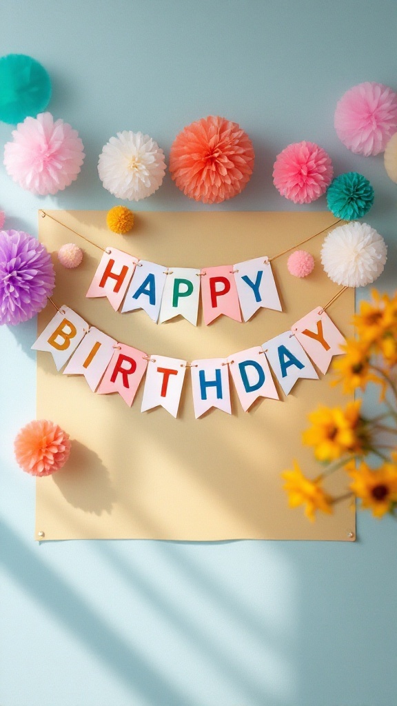 A colorful birthday banner that says 'HAPPY BIRTHDAY' surrounded by pom-poms in various colors.