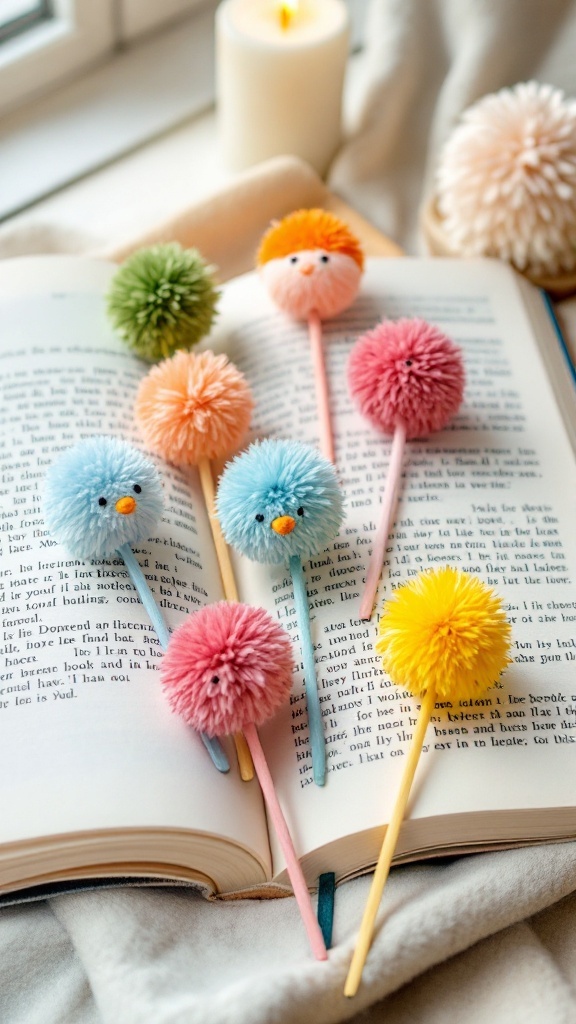 Colorful handmade pom-pom bookmarks on an open book