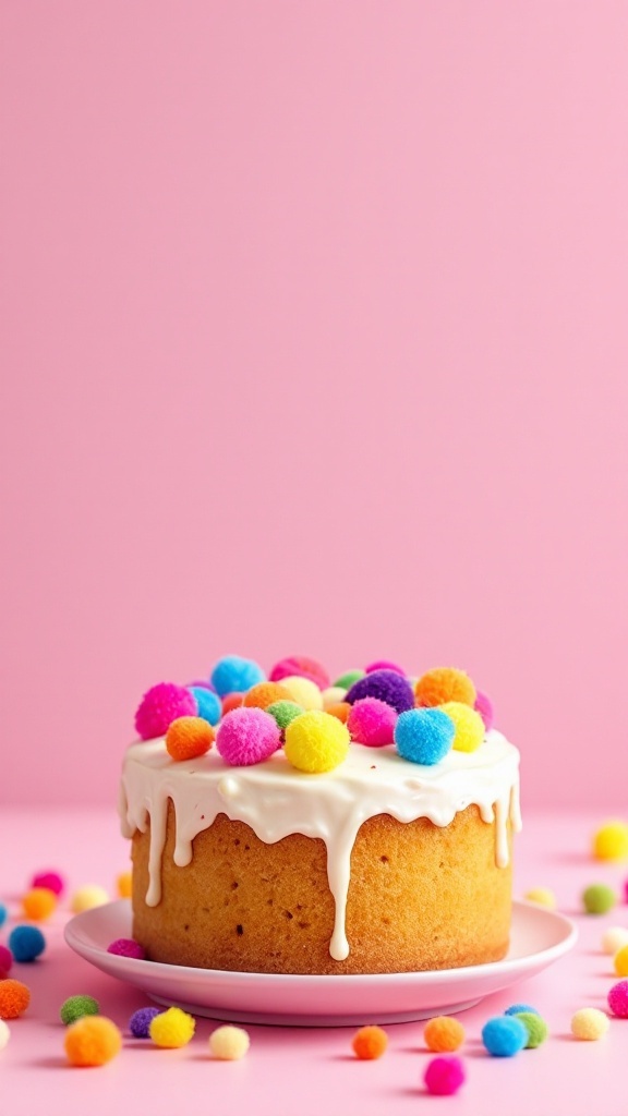 A colorful cake topped with pom-poms on a pink background.