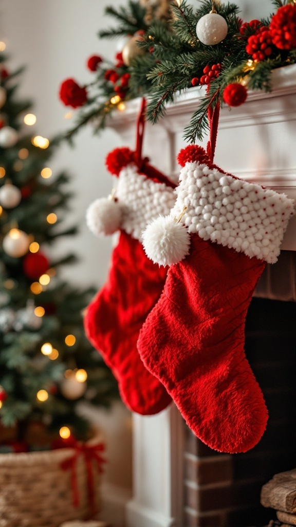 Red Christmas stockings with white pom-poms hanging by a fireplace decorated for the holidays.