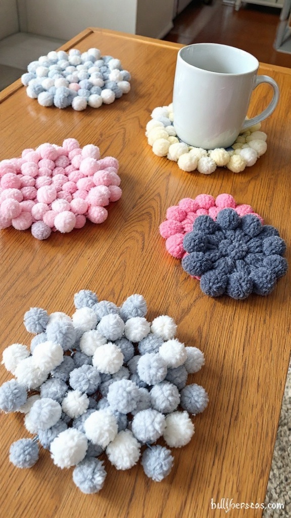 Colorful pom-pom coasters on a wooden table with a white mug