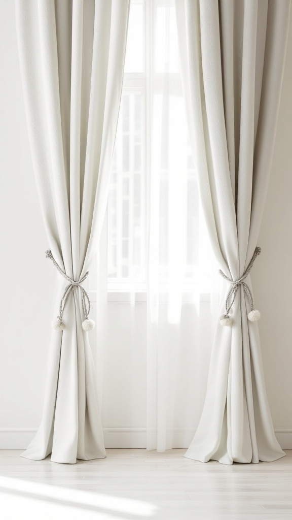 White curtains tied with grey ropes and pom-poms