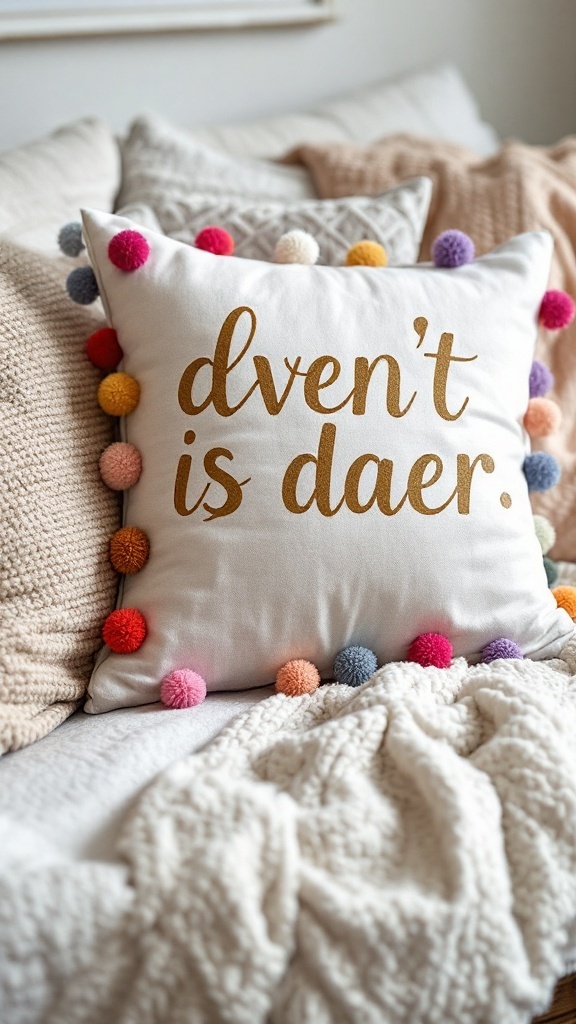 A decorative cushion with colorful pom-poms and a playful message.