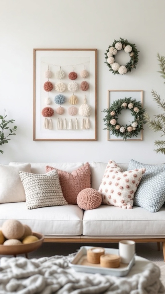 Cozy living room with pom-pom wall art, wreaths, and decorative pillows