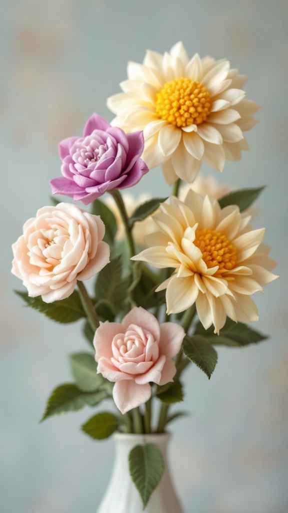 An arrangement of colorful pom-pom felt flowers in a white vase