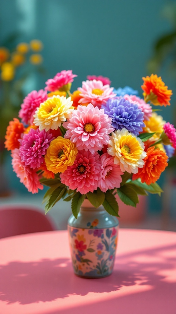 A colorful bouquet of pom-pom flowers in a decorative vase on a pink table.