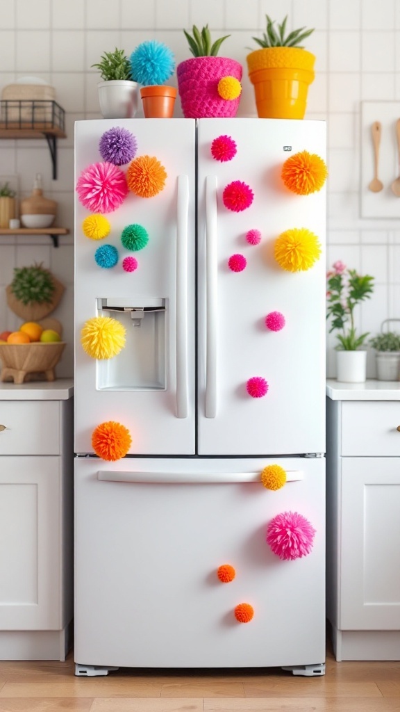 A fridge decorated with colorful pom-poms in various sizes and colors, along with potted plants on top.