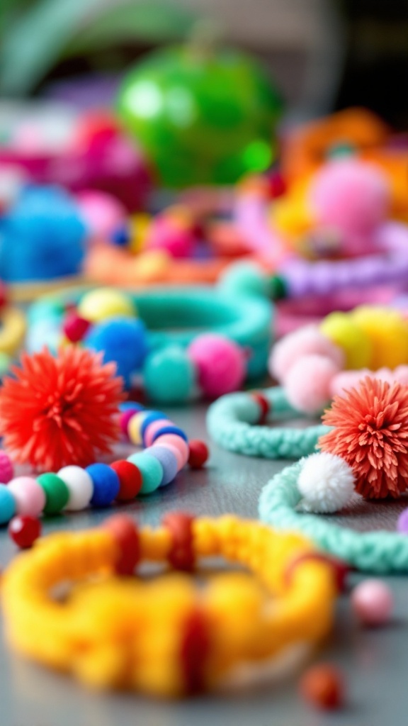 Colorful pom-pom friendship bracelets made with yarn and beads.