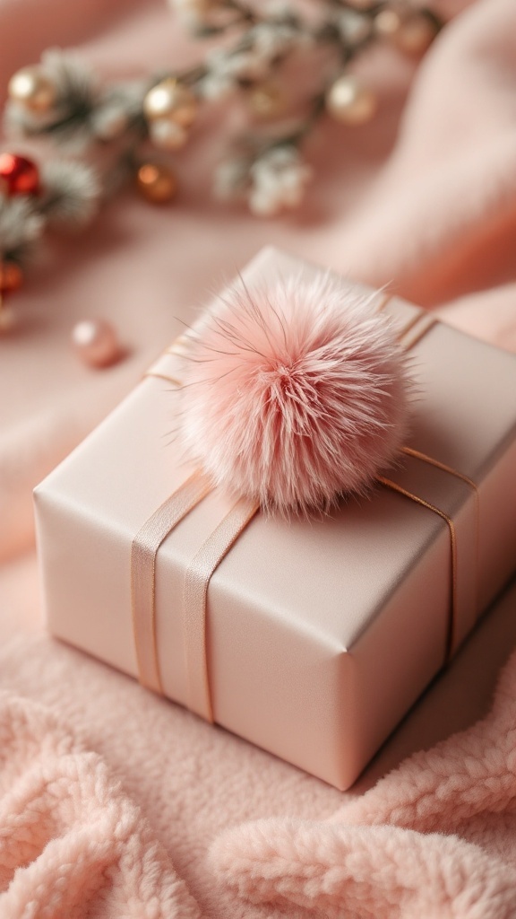 A beautifully wrapped gift with a fluffy pink pom-pom on top, resting on a soft, pastel pink blanket.