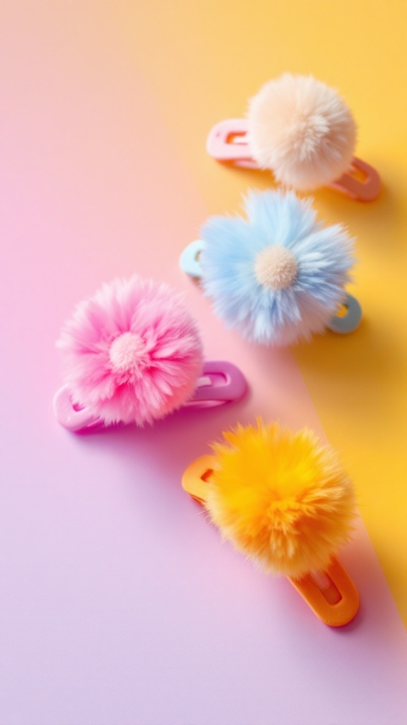 Colorful pom-pom hair clips in pink, blue, yellow, and white on a pastel background