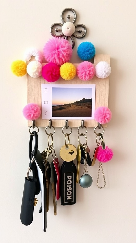 A colorful pom-pom key holder with keys hanging from it, featuring a small photo frame in the center.