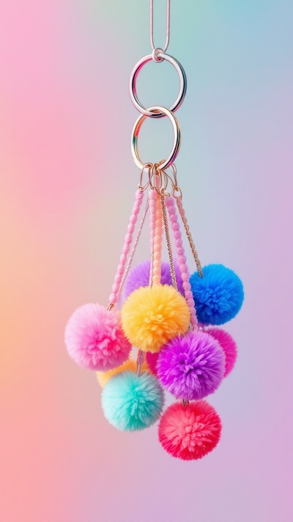 Colorful pom-pom keychains hanging from a keyring