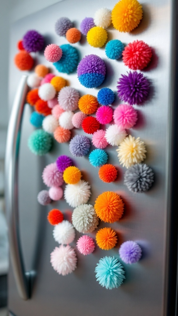 Colorful pom-pom magnets on a silver fridge