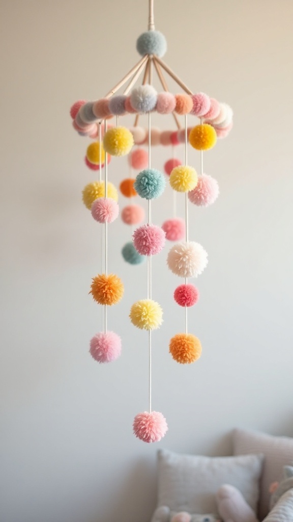 A colorful pom-pom mobile made of pastel pom-poms hanging from a wooden ring.