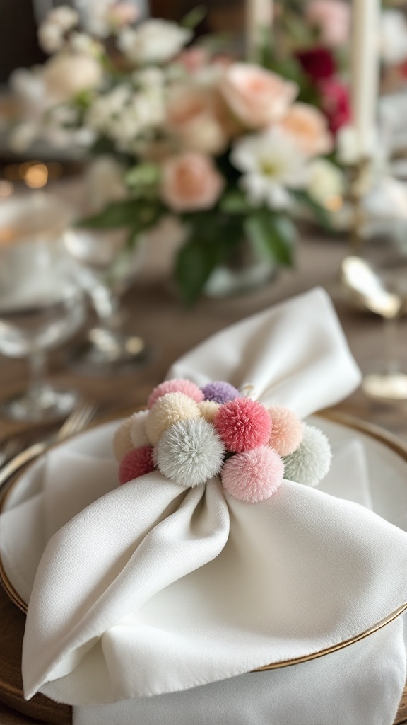 A beautifully set table with a white napkin adorned with colorful pom-pom napkin rings, surrounded by flowers and elegant glassware.