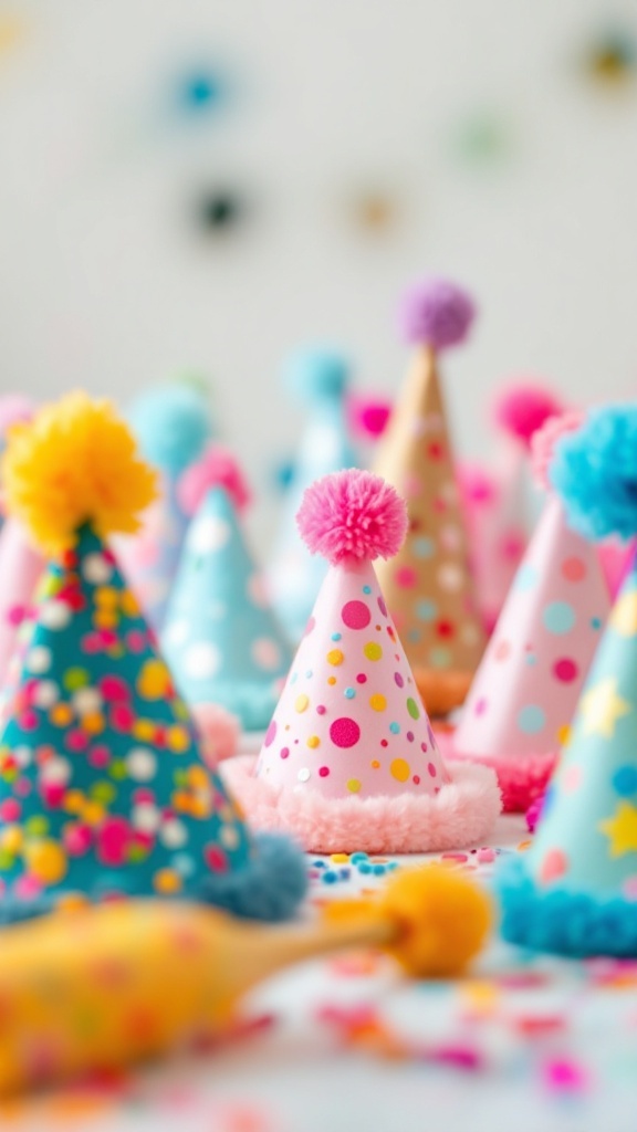 Colorful party hats with pom-poms on top, decorated with dots and confetti.