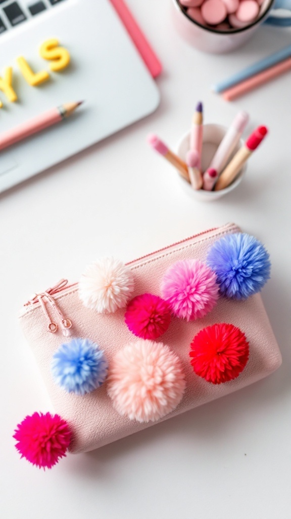 A pink pencil bag with colorful pom-poms attached, surrounded by stationery items.