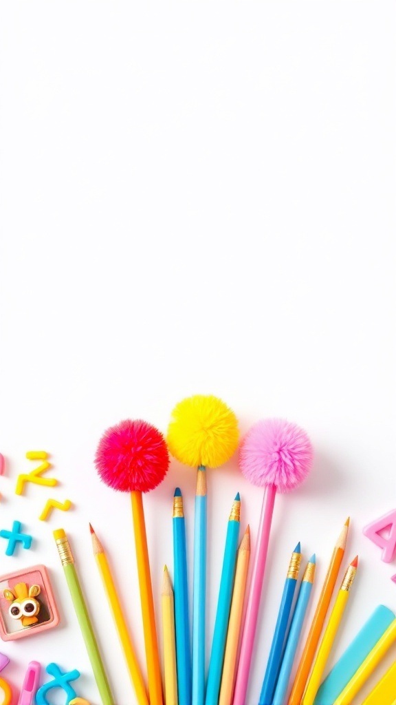 Colorful pom-pom pencil toppers on colorful pencils