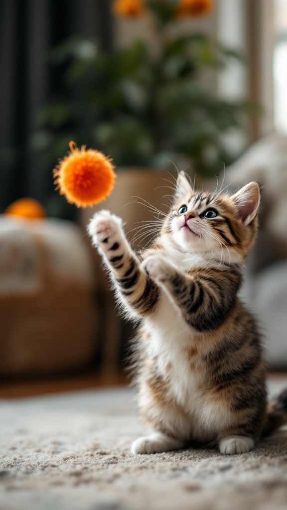 A playful kitten reaching for a colorful pom-pom toy.