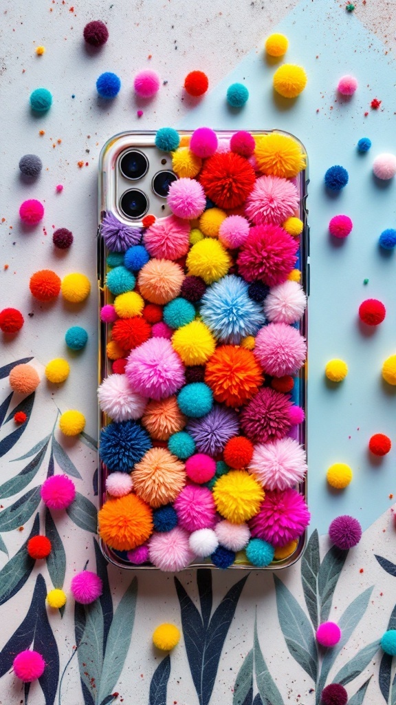 A colorful phone case covered in various pom-poms on a surface scattered with more pom-poms.