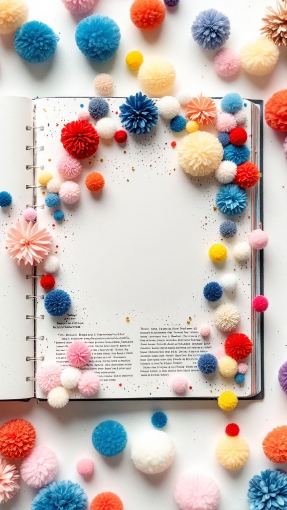 Colorful pom-poms arranged around a blank scrapbook page