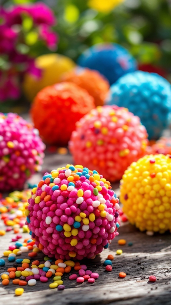 Colorful pom-pom seed bombs on a wooden surface with flowers in the background