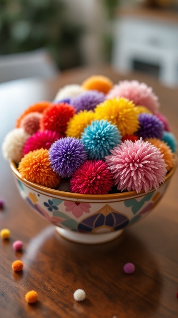 A colorful bowl filled with various pom-poms on a wooden table.