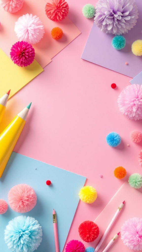 Colorful pom-poms on a pink surface with colored pencils and paper, perfect for party supplies.