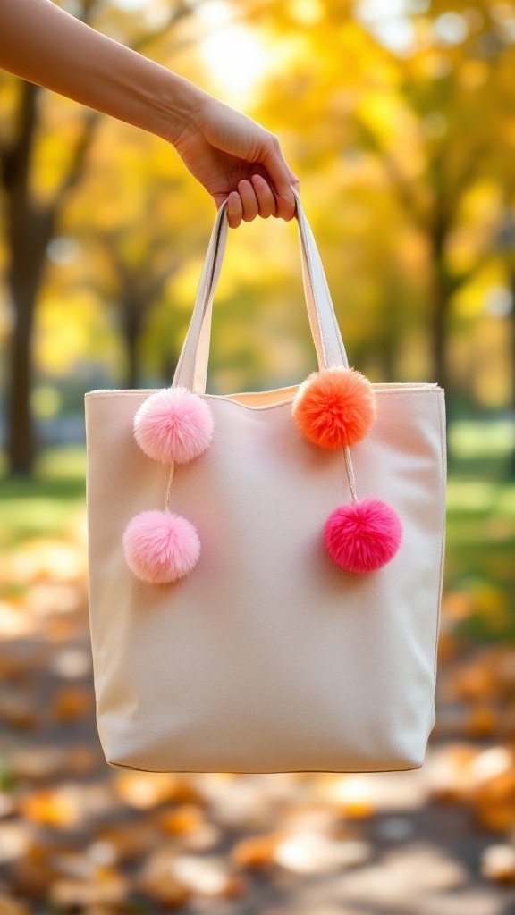 A light-colored tote bag with colorful pom-poms hanging from it, held against a backdrop of autumn leaves.