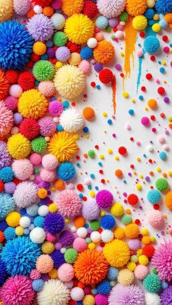 A vibrant display of colorful pom-poms of various sizes, arranged in a playful manner on a white background.