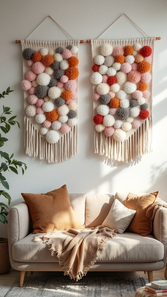 Two pom-pom wall hangings with various colors displayed on a wall above a sofa.