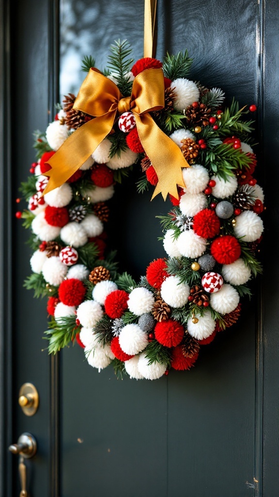 A colorful pom-pom wreath decorated with red, white, and gray pom-poms, pinecones, and a golden ribbon.